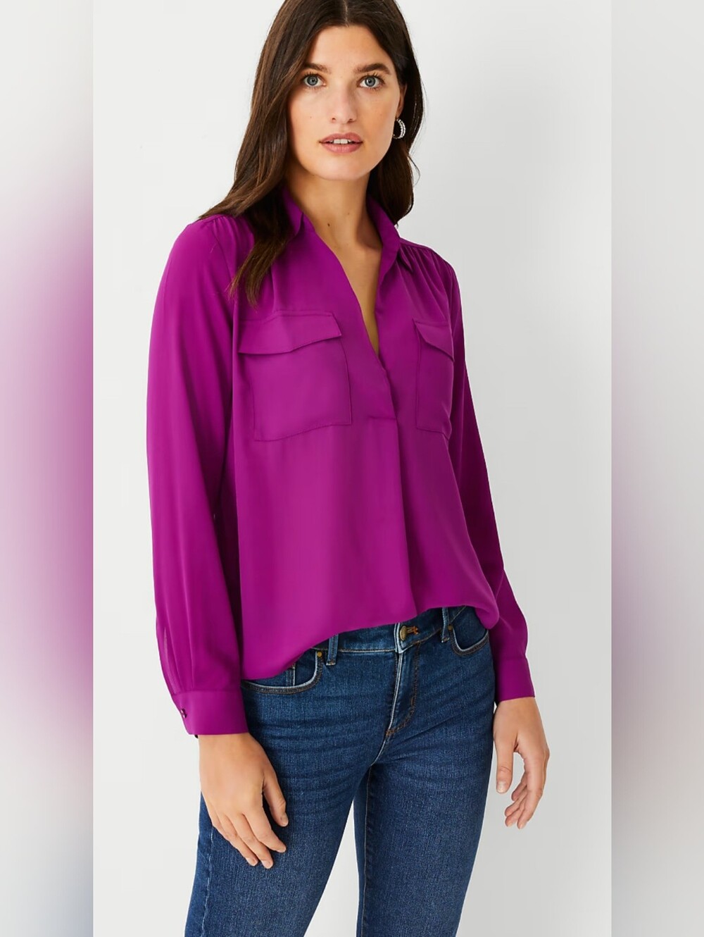 Joe Fresh 100% Silk Women's Button-Down Blouse in Magenta XL